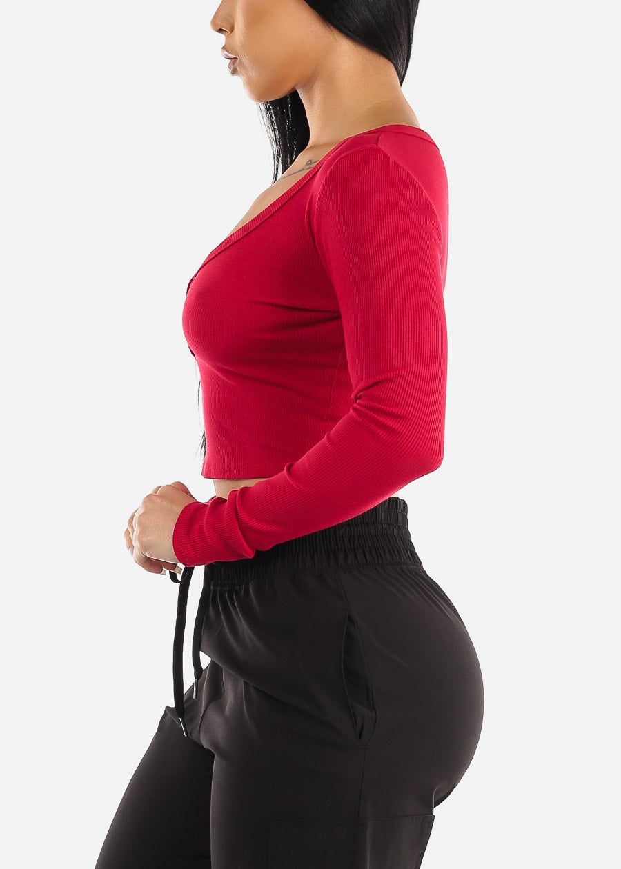 Long Sleeve Ribbed Crop Top Red w Snap Button Neckline sold by Moda product image thumbnail 3