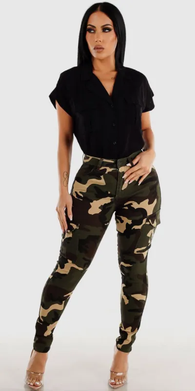 High Rise Camouflage Cargo Skinny Pants with Black Dolman Sleeve Button Up Shirt sold by Moda
