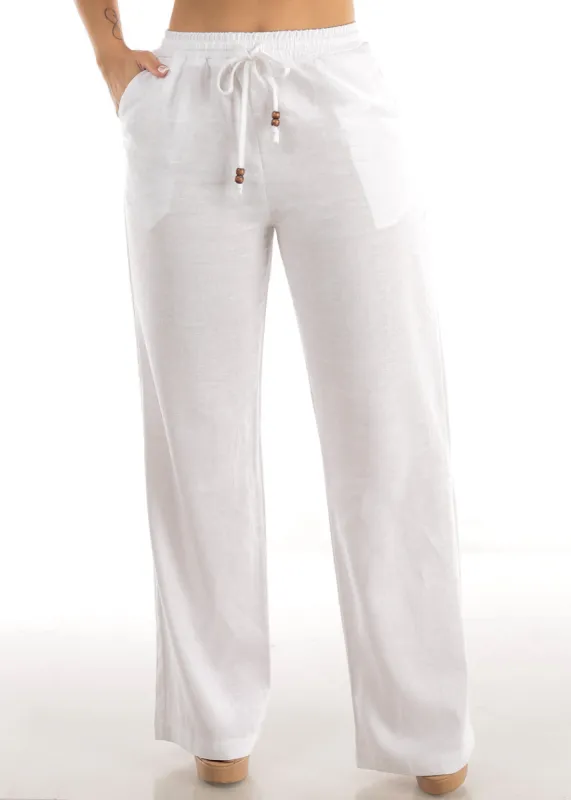 White Drawstring Waist Straight Leg Linen Pants sold by Moda