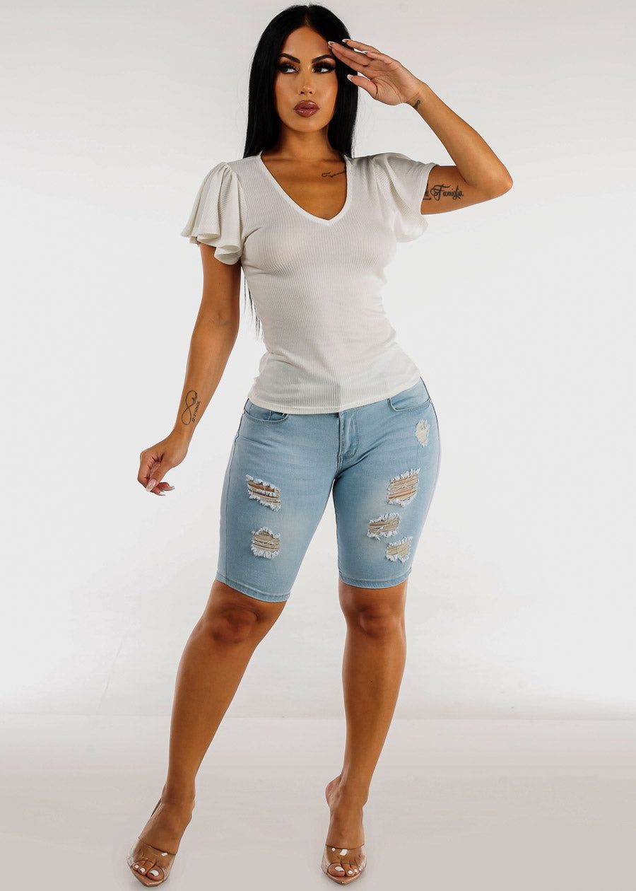Vneck Flutter Short Sleeve Top White sold by Moda product image thumbnail 2