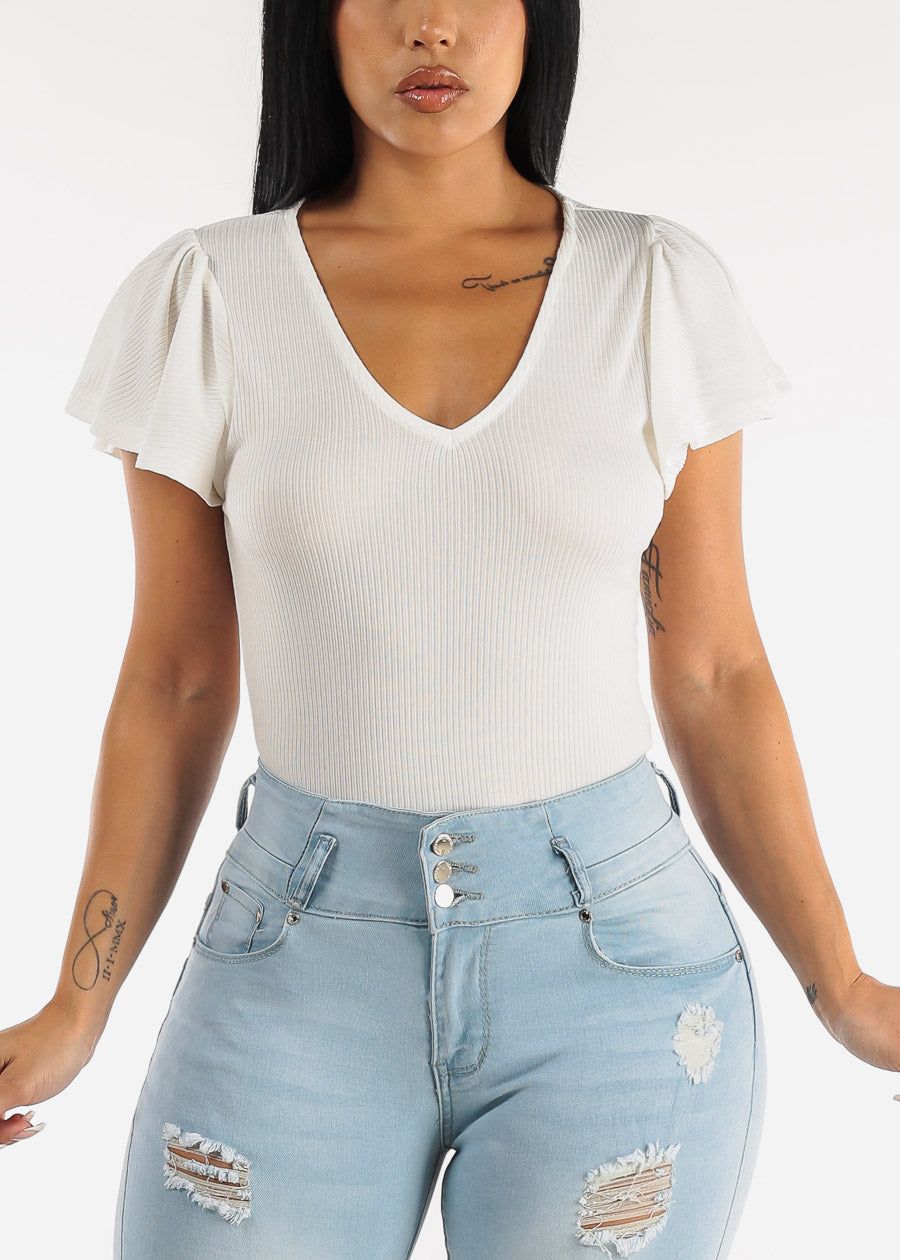 Vneck Flutter Short Sleeve Top White sold by Moda