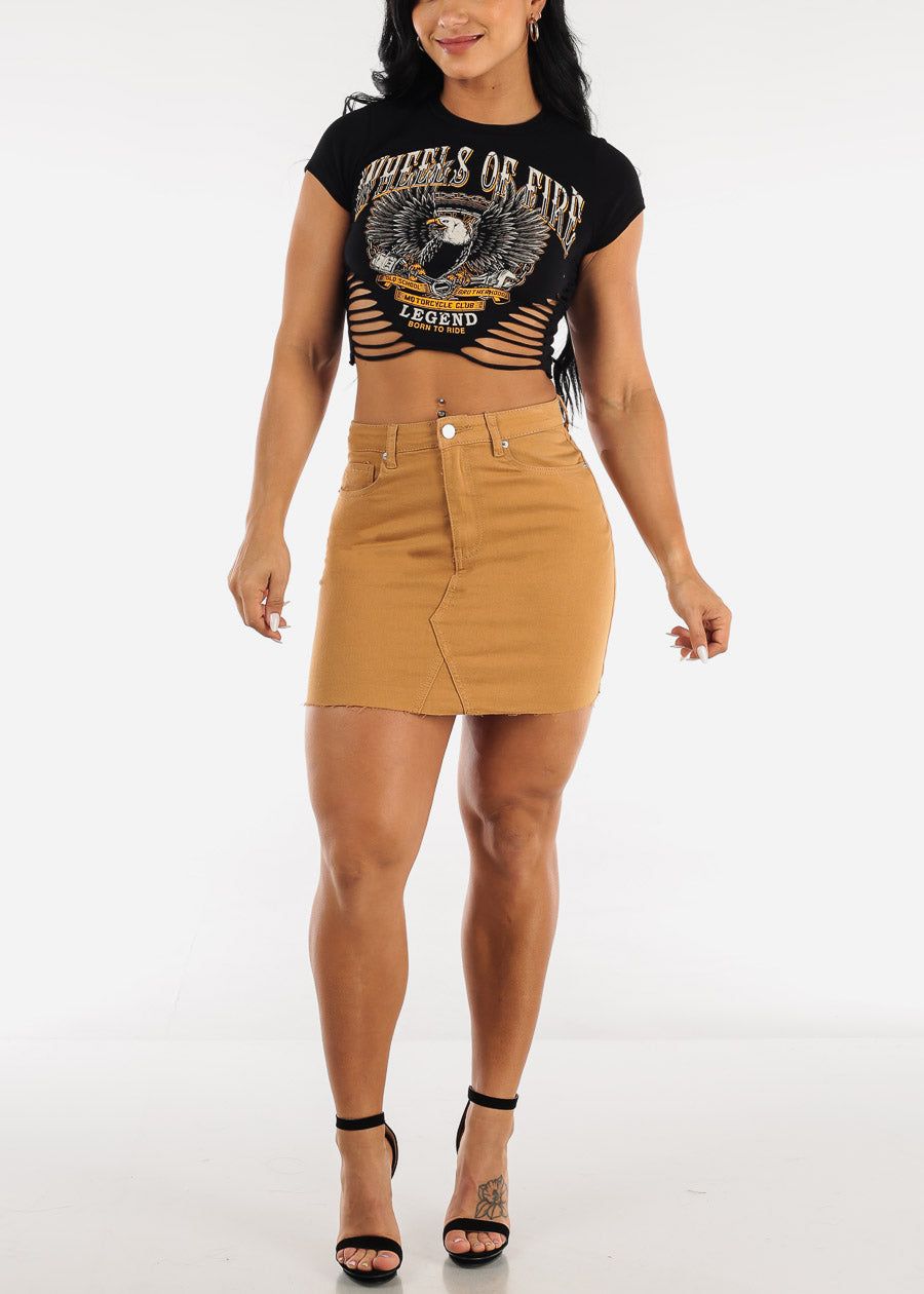 High Waisted Denim Mini Skirt Camel sold by Moda product image thumbnail 2