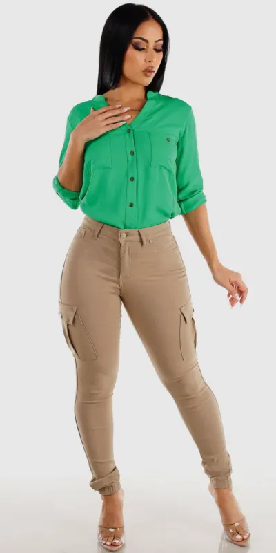 Khaki High Waisted Stretch Cargo Joggers with Green Button Up Long Sleeve Shirt sold by Moda