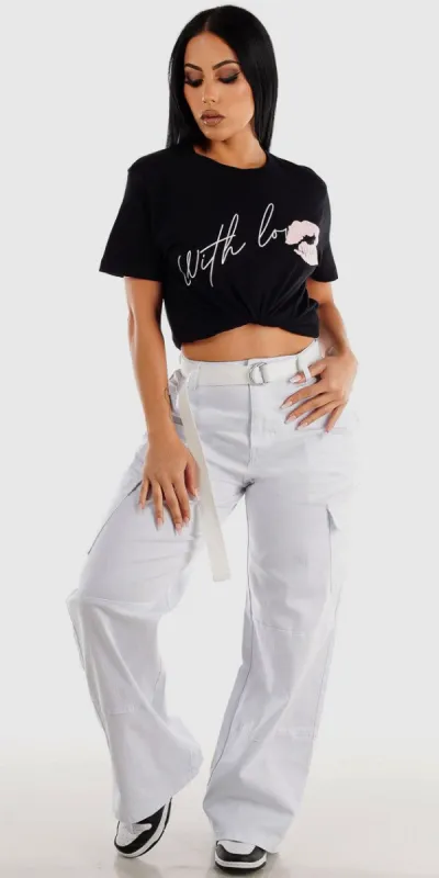 White High Waisted Wide Leg Cargo Pants with Short Sleeve Black With Love Graphic Tee sold by Moda