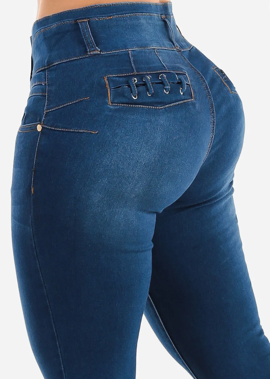 Levanta Cola High Rise Dark Blue Skinny Jeans sold by Moda