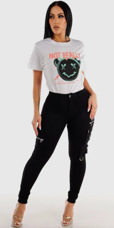 High Waisted Black Cargo Skinny Pants with White Short Sleeve Graphic T-Shirt sold by Moda