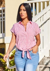 Red Striped Short Sleeve Button Up Blouse with Front Tie sold by Moda