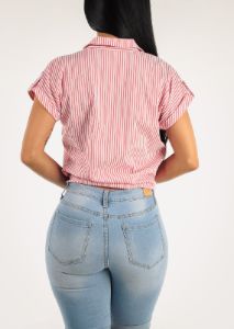 Red Striped Short Sleeve Button Up Blouse with Front Tie sold by Moda