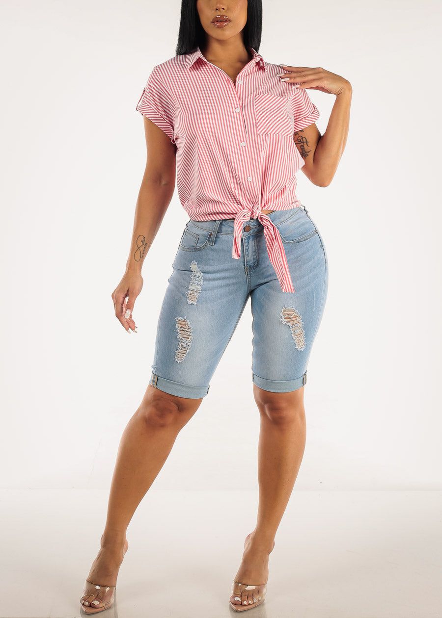 Red Striped Short Sleeve Button Up Blouse with Front Tie sold by Moda product image thumbnail 3