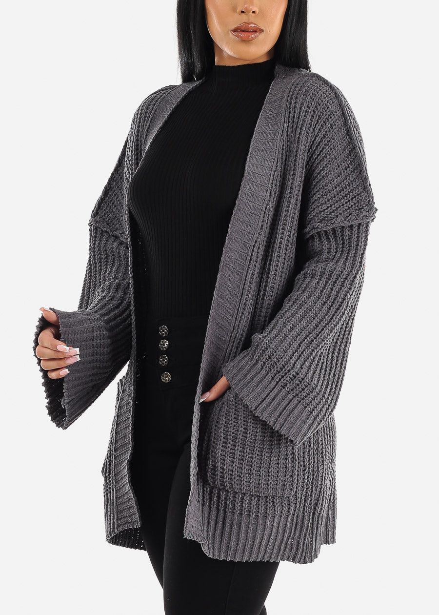 Long Sleeve Soft Knit Maxi Cardigan Charcoal w Pockets sold by Moda