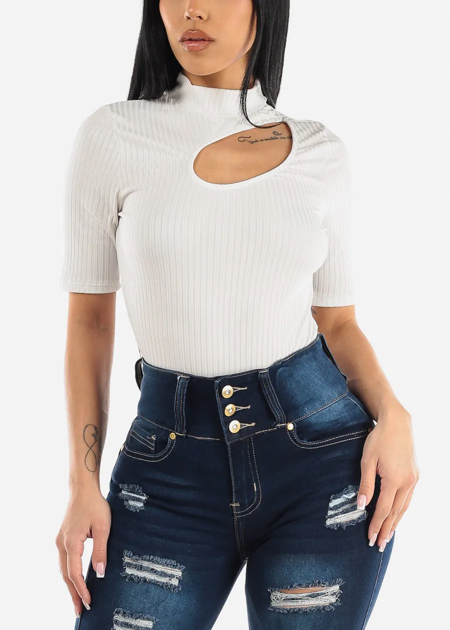 Short Sleeve Cut Out Mock Neck Top White sold by Moda