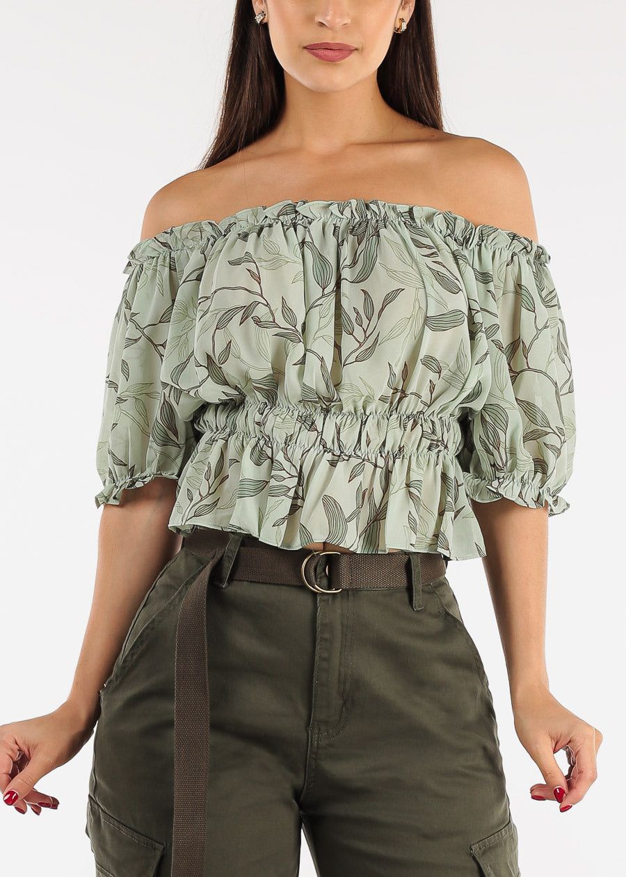 Floral Off Shoulder Elastic Waist Chiffon Crop Top Mint sold by Moda