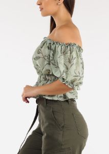 Floral Off Shoulder Elastic Waist Chiffon Crop Top Mint sold by Moda