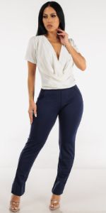Slim Straight Navy Dress Pants with White Short Sleeve Surplice Blouse sold by Moda
