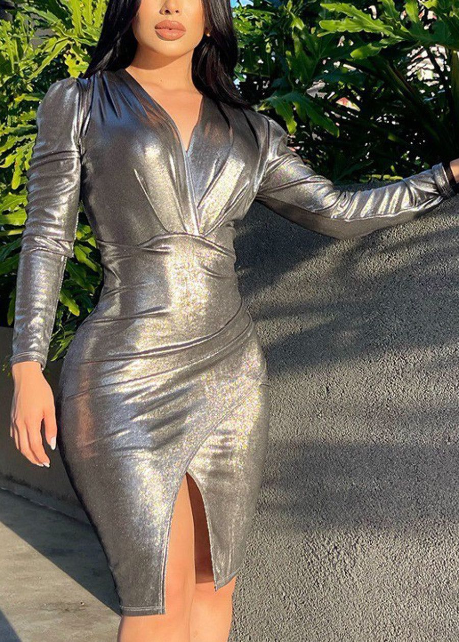 Sexy Silver Metallic Stretchy Bodycon Long Sleeve Mini Dress sold by Moda