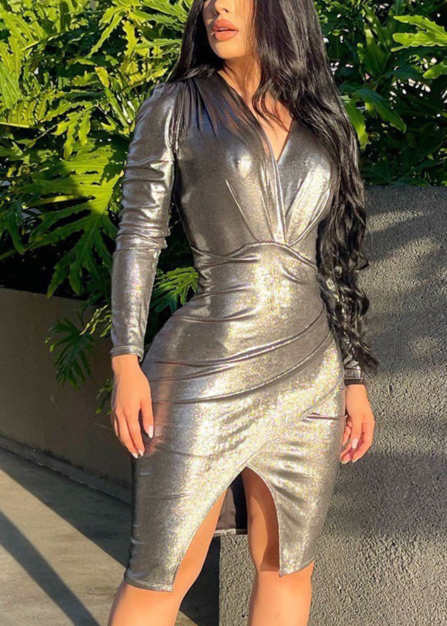 Sexy Silver Metallic Stretchy Bodycon Long Sleeve Mini Dress sold by Moda product image thumbnail 2