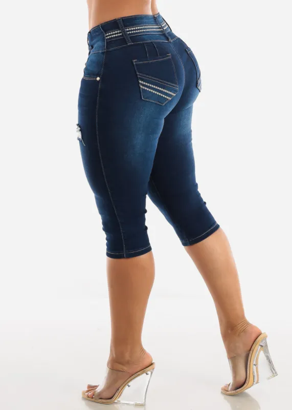 MX JEANS Butt Lift Distressed Dark Denim Capris sold by Moda