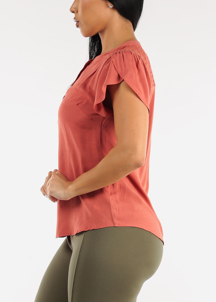 Short Sleeve Half Button Up Blouse Brick sold by Moda product image thumbnail 3