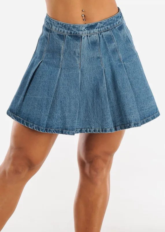High Waisted Pleated Mini Denim Skirt Med Blue sold by Moda