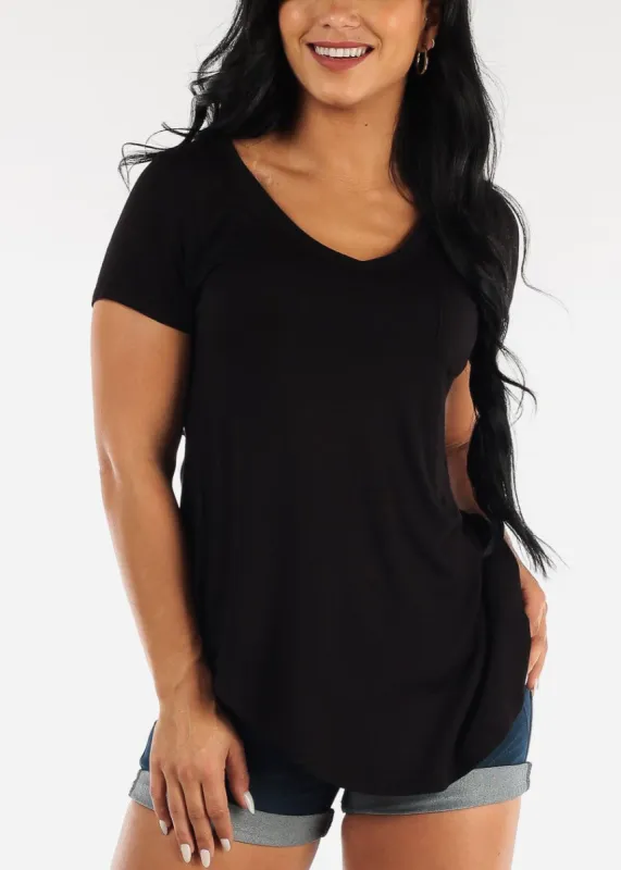 Black Short Sleeve Round Hem Relax Fit Tunic Top sold by Moda