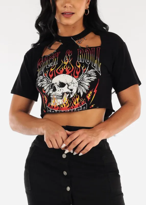 Black Short Sleeve Cut Out Vintage Graphic Crop Top sold by Moda