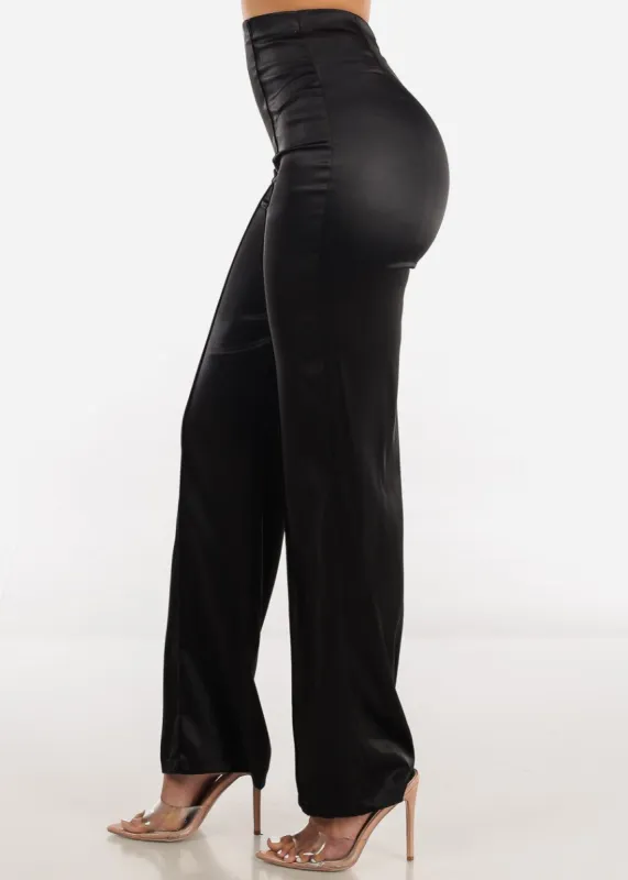 High Waisted Glossy Satin Wide Legged Pants Black sold by Moda