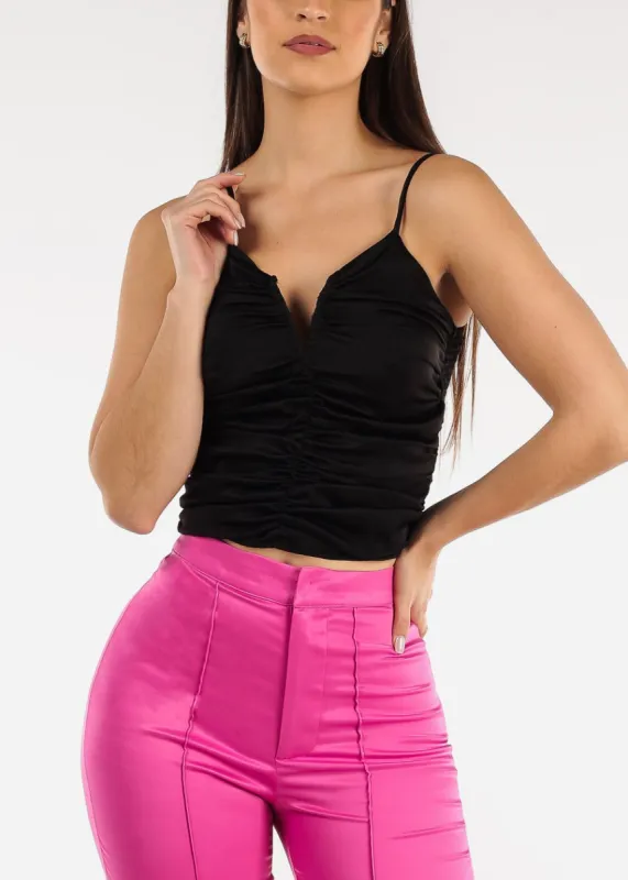 Black Sleeveless Ruched Cami Smock Back Top sold by Moda