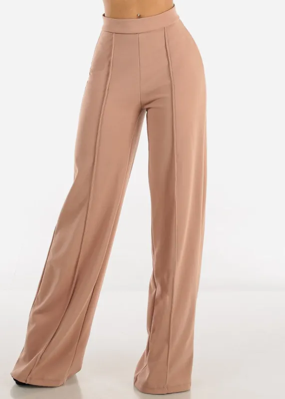 High Waisted Pintuck Wide Legged Pants Light Brown sold by Moda