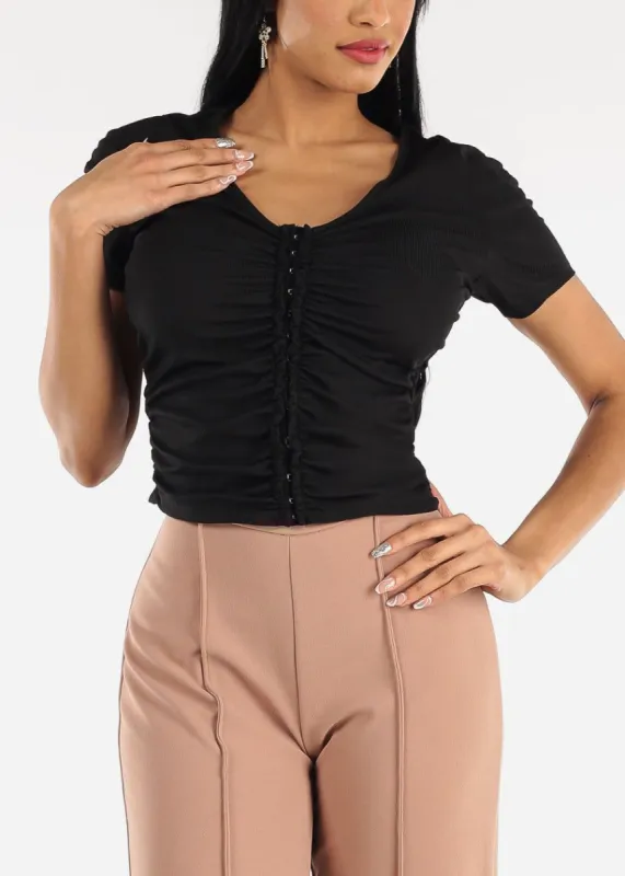 Black Short Sleeve Hook and Eye Ruched Top sold by Moda