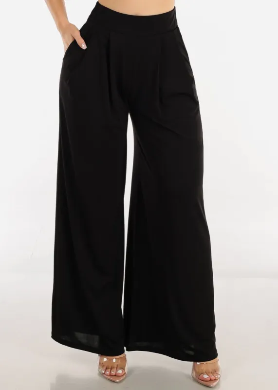High Waisted Flare Palazzo Pants Black w Pockets sold by Moda