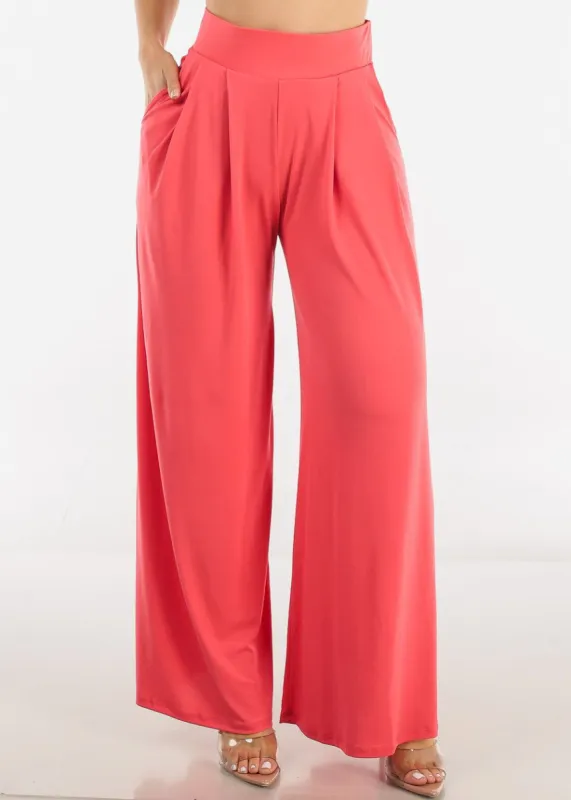 High Waisted Flare Palazzo Pants Coral w Pockets sold by Moda