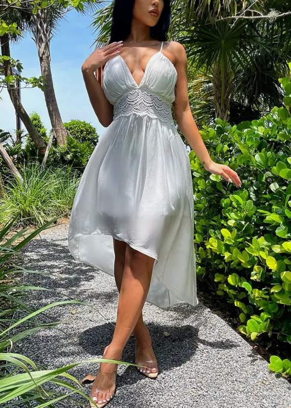 Open Back White High Low Crochet Dress sold by Moda