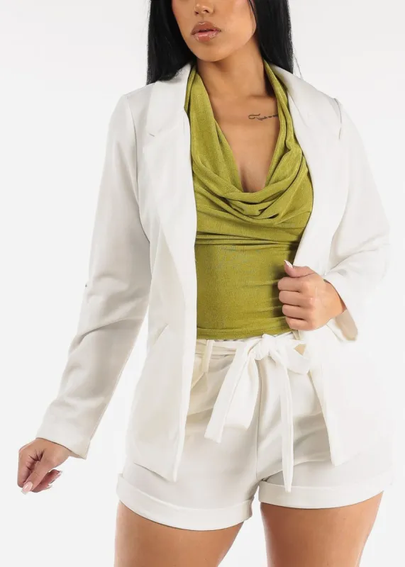 White Long Sleeve Notched Collar Open Blazer sold by Moda