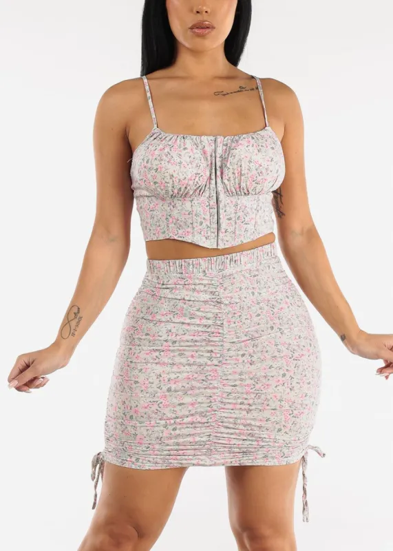 Sleeveless Floral Corset Crop Top & Ruched Mini Skirt Sage (2 PCE SET) sold by Moda