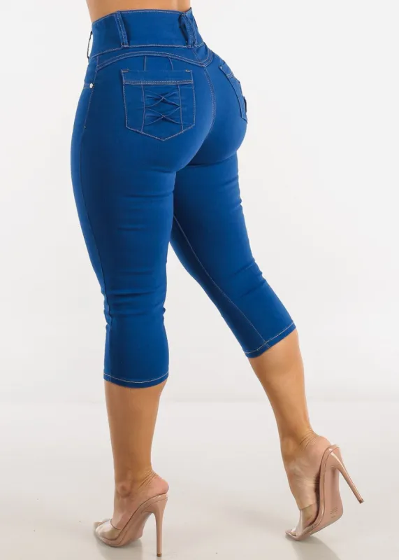 High Waisted Butt Lifting Denim Capris Royal Blue w Bow Design sold by Moda