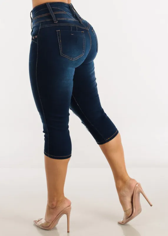 Super High Waisted Butt Lift Denim Capris Dark Wash sold by Moda