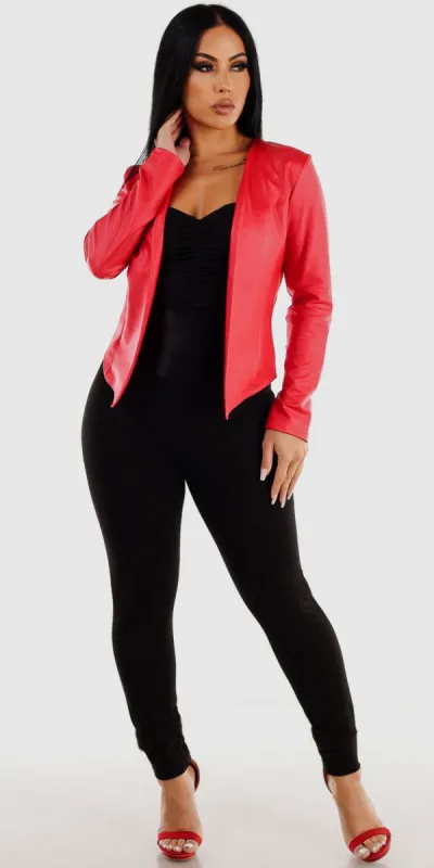 Ultra High Rise Black Skinny Pants Black Sleeveless Ruched Bodysuit and Long Sleeve Faux Leather Red Blazer sold by Moda