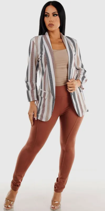 Light Brown Thick Waist Skinny Pants Ruched Halter Khaki Bodysuit and White Quarter Sleeve Printed Blazer made by Moda
