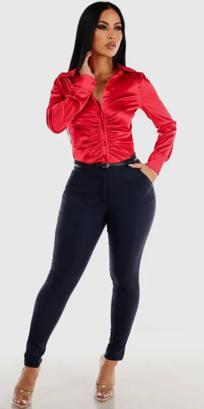 High Waisted Navy Dressy Skinny Pants with Ruched Front Long Sleeve Red Satin Shirt sold by Moda