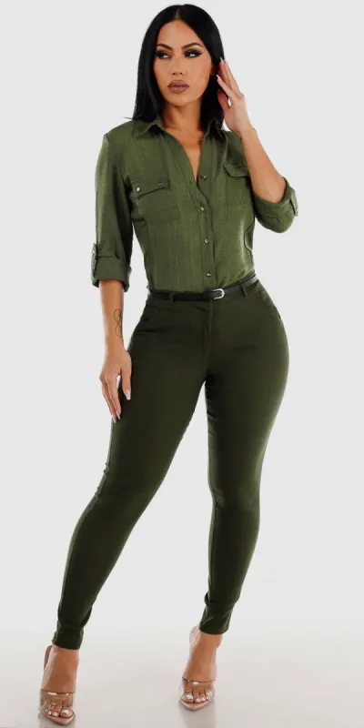 High Rise Olive Dressy Skinny Pants with Button Up Quarter Sleeve Olive Shirt sold by Moda