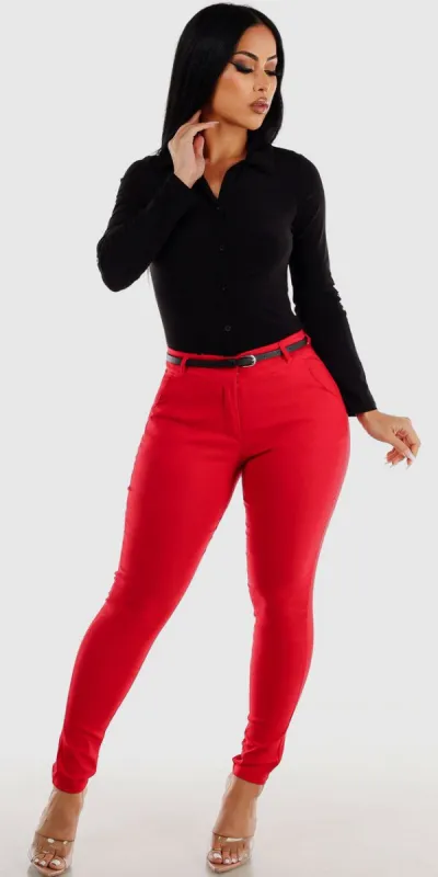 High Waisted Red Dressy Skinny Pants with Long Sleeve Button Up Ruched Collared Blouse sold by Moda