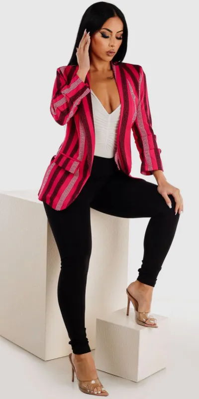 Low Rise Black Butt Lifting Pants Sleeveless White Ruched Bodysuit and Pink Printed Formal Blazer sold by Moda