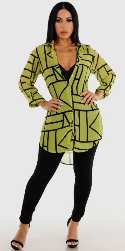 Black Levantacola Skinny Jeans Black Sleeveless Bodysuit and Green See Through Printed Tunic Shirt sold by Moda