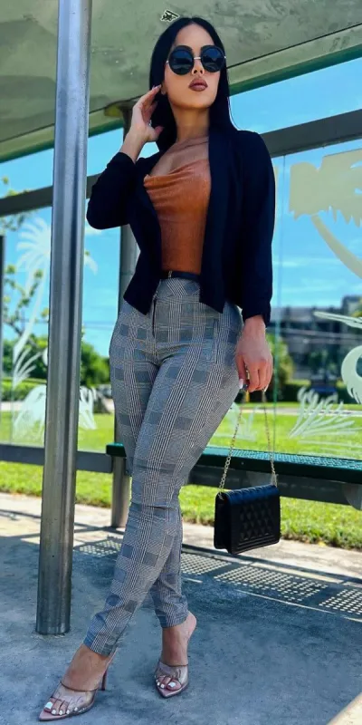 High Waist Plaid Skinny Pants Light Brown Cowl Neck Bodysuit and Quarter Sleeve Black Blazer made by Moda