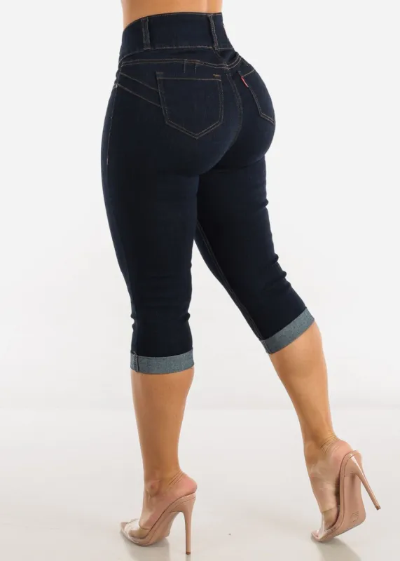 Butt Lifting Mid Rise Cuffed Denim Capris Dark Wash sold by Moda