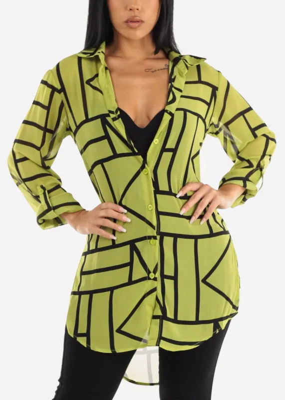 Long Sleeve Button Up See Through Printed Tunic Shirt Neon Green sold by Moda