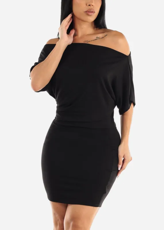 Short Dolman Sleeve Wide Neck Black Mini Dress sold by Moda