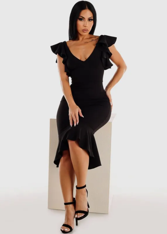 Black Ruffled Bodycon Midi Dress w Mermaid Hem sold by Moda
