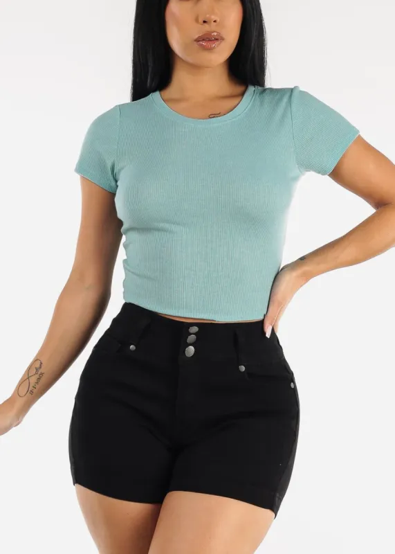 Short Sleeve Basic Crewneck Crop Top Aqua made by Moda