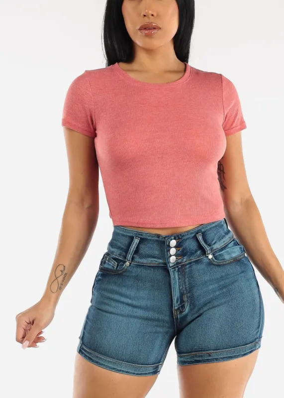 Short Sleeve Basic Crewneck Crop Top Rose sold by Moda